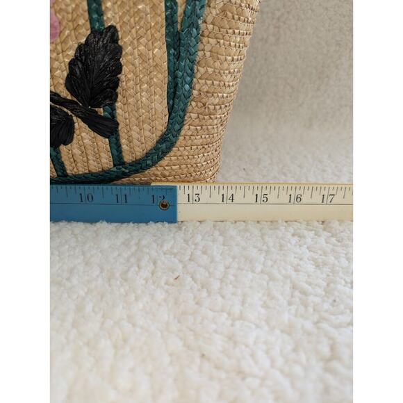 Vintage 1960’s Straw Bag Woven Floral Raffia Tote Handbag Travel Beach Bag - Picture 3 of 11